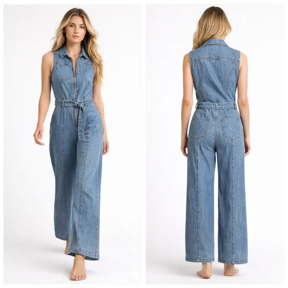 FRAME Sleeveless Wide-Leg Denim Jumpsuit $478 Belted Utility Size M J1838 - Picture 2 of 11